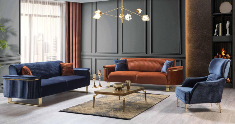 Blauer Wohnzimmer 3-Sitzer Luxuriöses Stoffsofa Elegante Polstermöbel