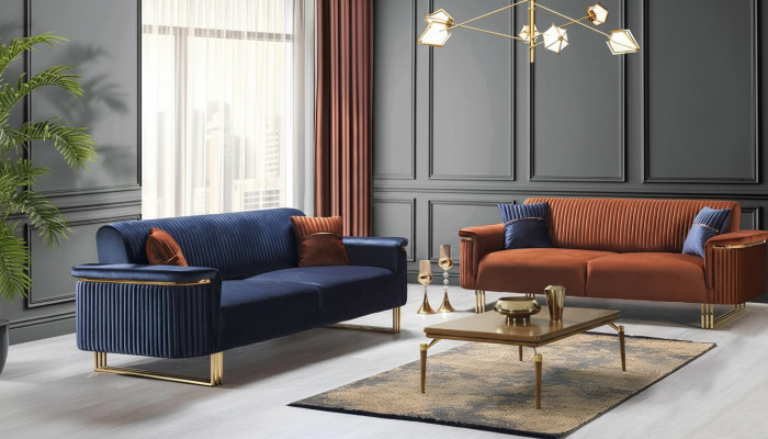 Blau-Oranges Wohnzimmer Sofa-Set Designer Stoffsofas Moderne Möbel 2tlg