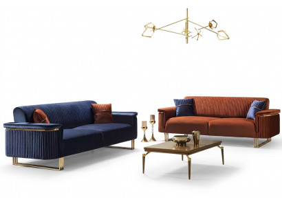 Blau-Oranges Wohnzimmer Sofa-Set Designer Stoffsofas Moderne Möbel 2tlg