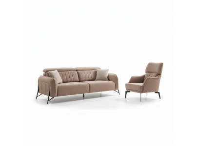 Beiges Wohnzimmer Stoffsofa Luxuriöser Sessel 3-Sitzer Einsitzer 2tlg