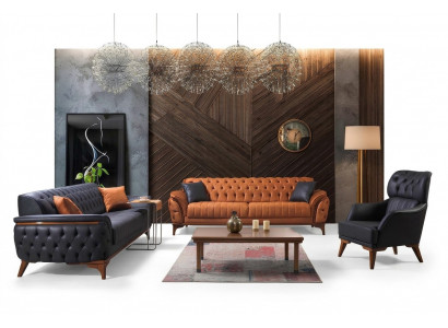 Schwarz-Orange Chesterfield Sofagarnitur Wohnzimmer Couchen Sessel 4tlg