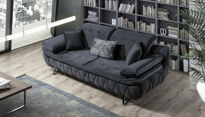 Schwarz 3-Sitzer Wohnzimmer Stoffsofa Modern Deisgn mit Kissen Textil