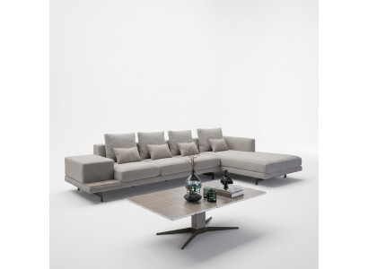 Luxus Wohnzimmer Set 3tlg Ecksofa L-Form Neu Couchtisch mit Holz Beistelltisch