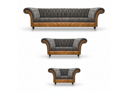 Grau-Braune Chesterfield Sitzgarnitur Polstersofas Textil Couchen 3tlg