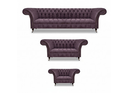 Chesterfield Lila Textilsofas Designer Polster Couchen 3tlg Garnitur