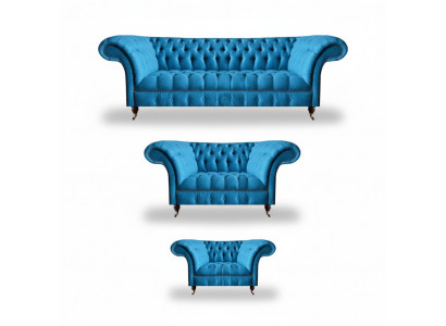 Chesterfield Hellblaue Designer Sitzmöbel Edler 3-Sitzer Zweisitzer 3tlg