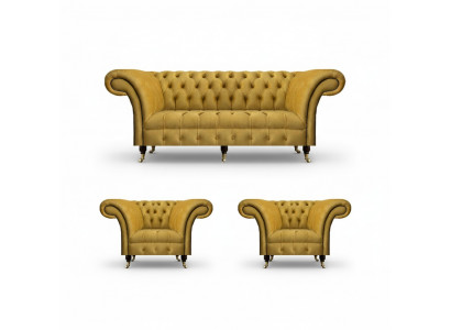 Chesterfield Gelbe Sitzgarnitur Designer Dreisitzer Edle Lehnsessel 3tlg