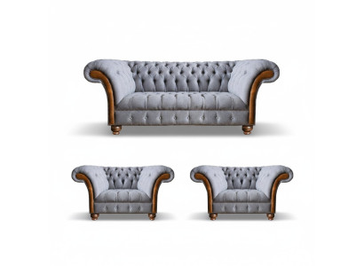 Hellgraue Chesterfield Luxus Garnitur Wohnzimmer 3-Sitzer Couch Sessel