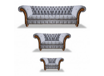 Chesterfield Hellgraue Polster Sofagarnitur Textil Designer 3tlg Set