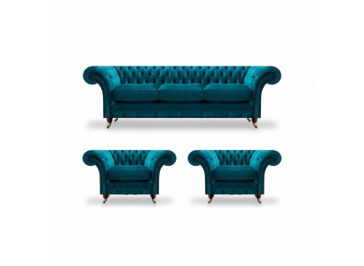 Chesterfield Blaue Couchen Polstersofas Wohnzimmer Textil Sitzmöbel 3tlg