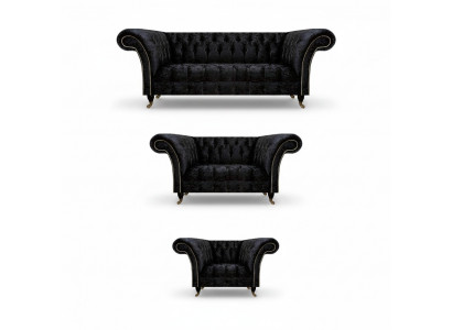 Schwarze Textil Chesterfield Garnitur Edler Dreisitzer Lehnsessel 3tlg