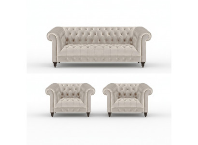 Stilvolle Chesterfield Couchgarnitur Moderne Textilcouch 2x Lehnsessel