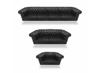 Schwarze Chesterfield Ledergarnitur Designer 4-Sitzer Zweisitzer Sessel