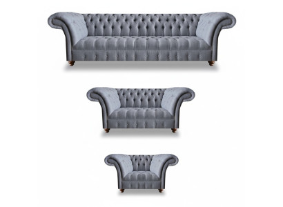 Hellgraue Chesterfield Polstergarnitur Designer Textil Sofas Sessel 3tlg