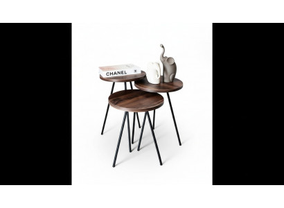  Rundes 3x Couchtische Set braunes Holz Metallbeine Beistelltisch