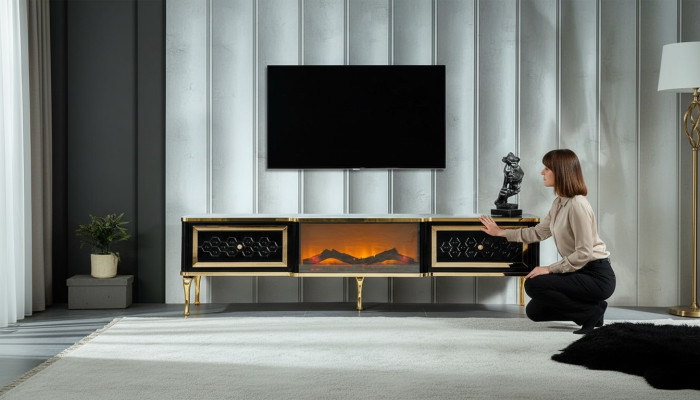  TV-Sideboard Kommode schwarz Kaminimitat Stilvolle Wohnzimmermöbel