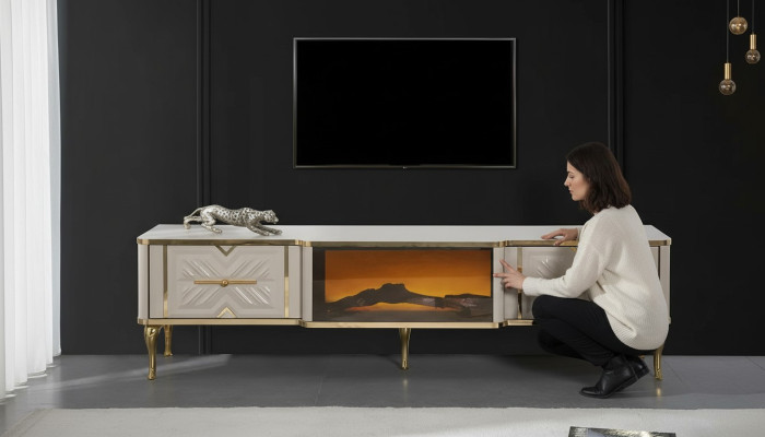Wohnzimmer Sideboard weiß + gold Kamin Luxus RTV Lowboard Exclusive