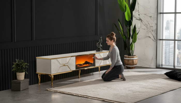 Luxuriöses TV-Sideboard weißgoldfarbenem Rahmen aus MDF Metall Weiß