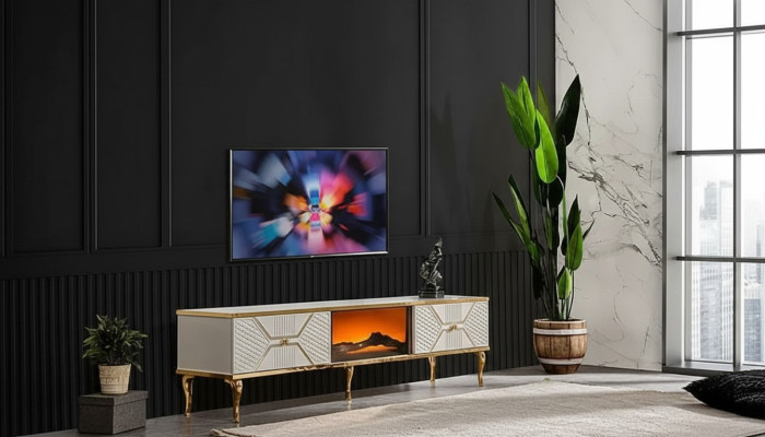 Luxuriöses TV-Sideboard weißgoldfarbenem Rahmen aus MDF Metall Weiß