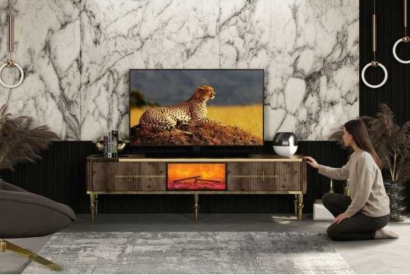  TV-Sideboard Wohnzimmer Luxuriöses dunkelbraunes MDF + Metall gold neu