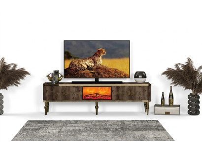  TV-Sideboard Wohnzimmer Luxuriöses dunkelbraunes MDF + Metall gold neu