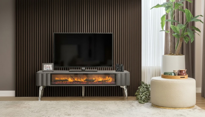 Hochwertiges TV-Sideboard Kamin MDF Metall grau Farbe neu Wohnzimmer