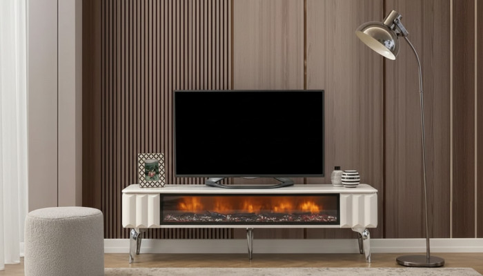  TV-Lowboard weiße Spanplatte Metall-Luxusmöbel Kamin Wohnzimmer neu