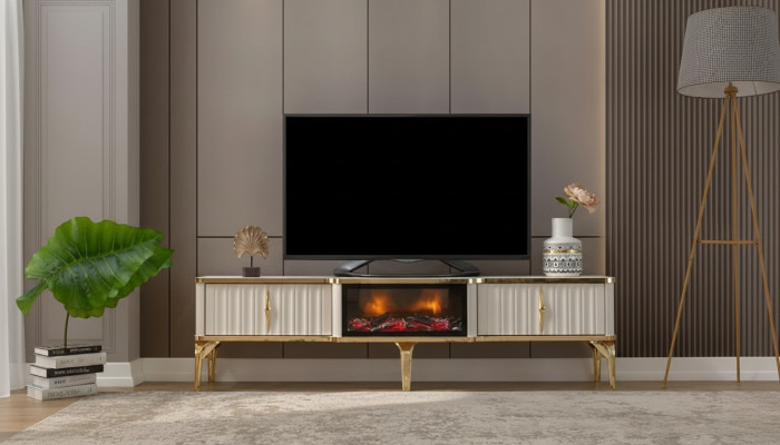  Wohnzimmer TV-Lowboard weiß + gold MDF Sideboard Metall RTV Luxus Neu