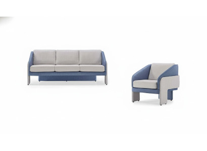 Grau-Blaue Wohnzimmer Designer Sitzmöbel 3-Sitzer Lehnsessel 2tlg Set
