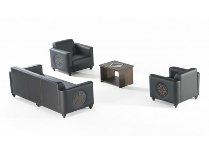 Arbeitszimmer-Set 4tlg Schwarz 3-Sitzer 2x Sessel Braun Couchtisch Modern