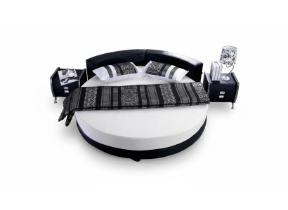 Schwarzes rundes Bett mit modernem Design, eleganten Details und Sofa
