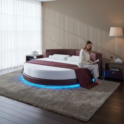 Rundes Bett Bordeaux mit LED-Beleuchtung, moderne gepolsterte Couch