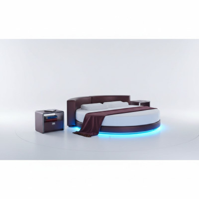 Rundes Bett Bordeaux mit LED-Beleuchtung, moderne gepolsterte Couch