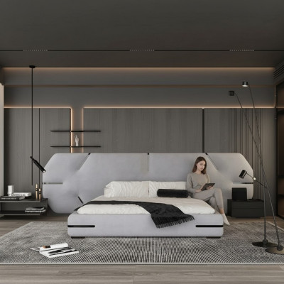 Modernes graues Bett mit elegantem Kopfteil und stylischem Design fürs Schlafzimmer