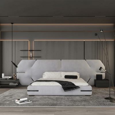 Modernes graues Bett mit elegantem Kopfteil und stylischem Design fürs Schlafzimmer