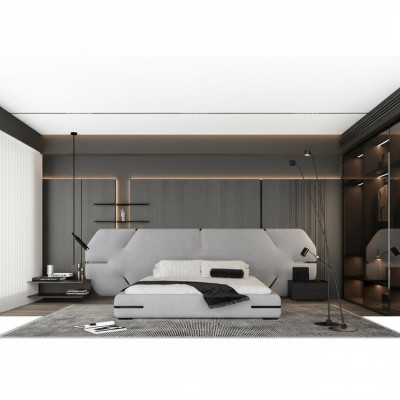 Modernes graues Bett mit elegantem Kopfteil und stylischem Design fürs Schlafzimmer