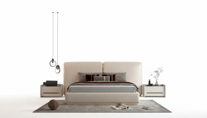 Luxuriöses beiges Bett mit goldenen Akzenten – modernes Design, Kopfteil fürs Schlafzimmer