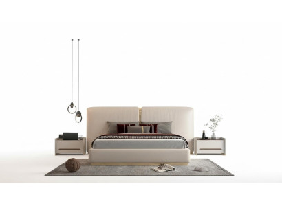 Luxuriöses beiges Bett mit goldenen Akzenten – modernes Design, Kopfteil fürs Schlafzimmer