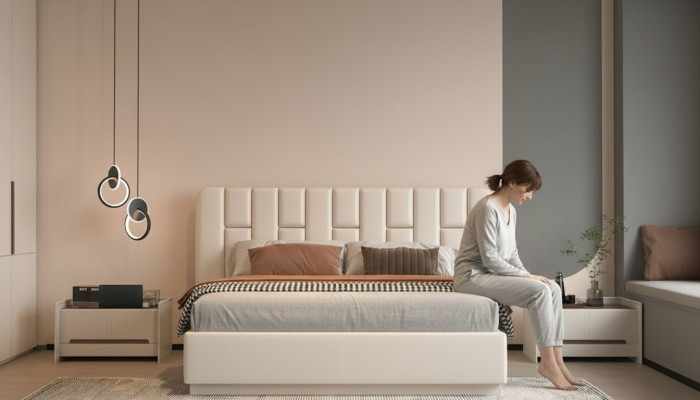 Luxuriöses beiges Bett mit modernem gestepptem Kopfteil fürs Schlafzimmer