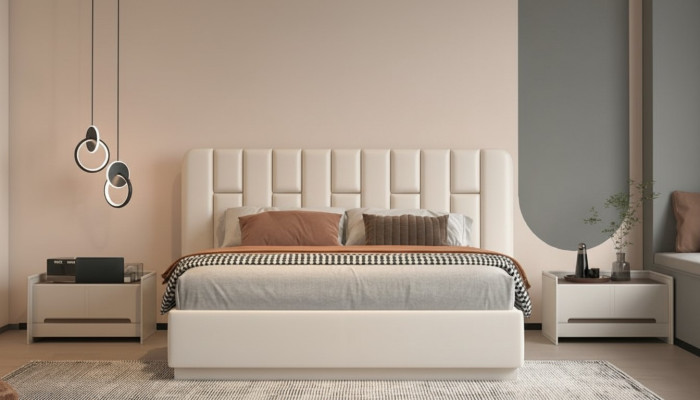Luxuriöses beiges Bett mit modernem gestepptem Kopfteil fürs Schlafzimmer