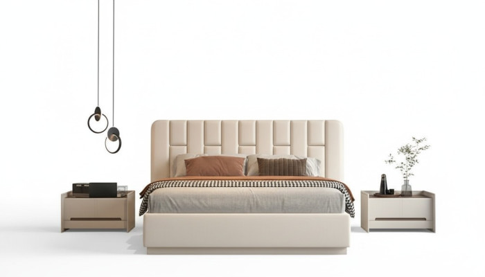 Luxuriöses beiges Bett mit modernem gestepptem Kopfteil fürs Schlafzimmer
