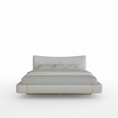 Luxusbett in Grau mit Goldakzenten, modernes Design und bequemes Kopfteil