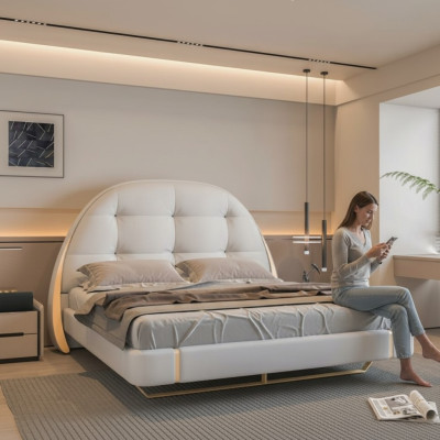 Luxuriöses graues Bett mit goldenen Akzenten, modernes Design, rundes Kopfteil des Schlafzimmers