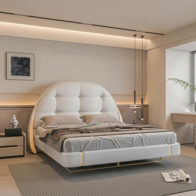 Luxuriöses graues Bett mit goldenen Akzenten, modernes Design, rundes Kopfteil des Schlafzimmers