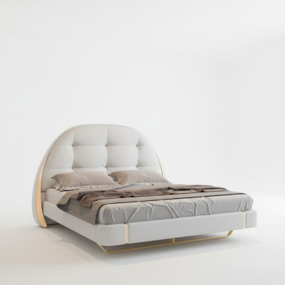 Luxuriöses graues Bett mit goldenen Akzenten, modernes Design, rundes Kopfteil des Schlafzimmers