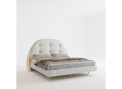 Luxuriöses graues Bett mit goldenen Akzenten, modernes Design, rundes Kopfteil des Schlafzimmers