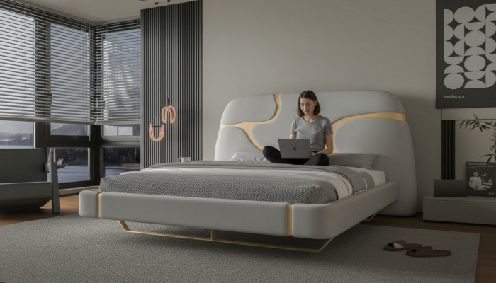 Luxusbett mit goldenen Akzenten Modernes Design Gepolstertes Kopfteil Schlafzimmer