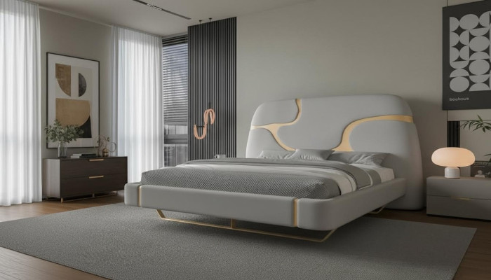 Luxusbett mit goldenen Akzenten Modernes Design Gepolstertes Kopfteil Schlafzimmer