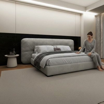 Luxuriöses graues Bett mit modernem gepolstertem Kopfteil fürs Schlafzimmer
