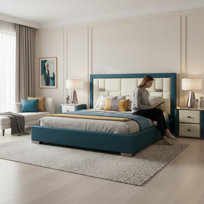 Luxuriöses blaues Bett mit modernem gepolstertem Kopfteil und auffälligen Farben